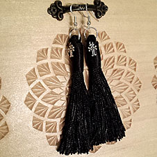 Black silk hanging earrings with cross