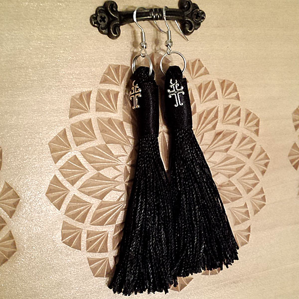 Black silk hanging earrings with cross